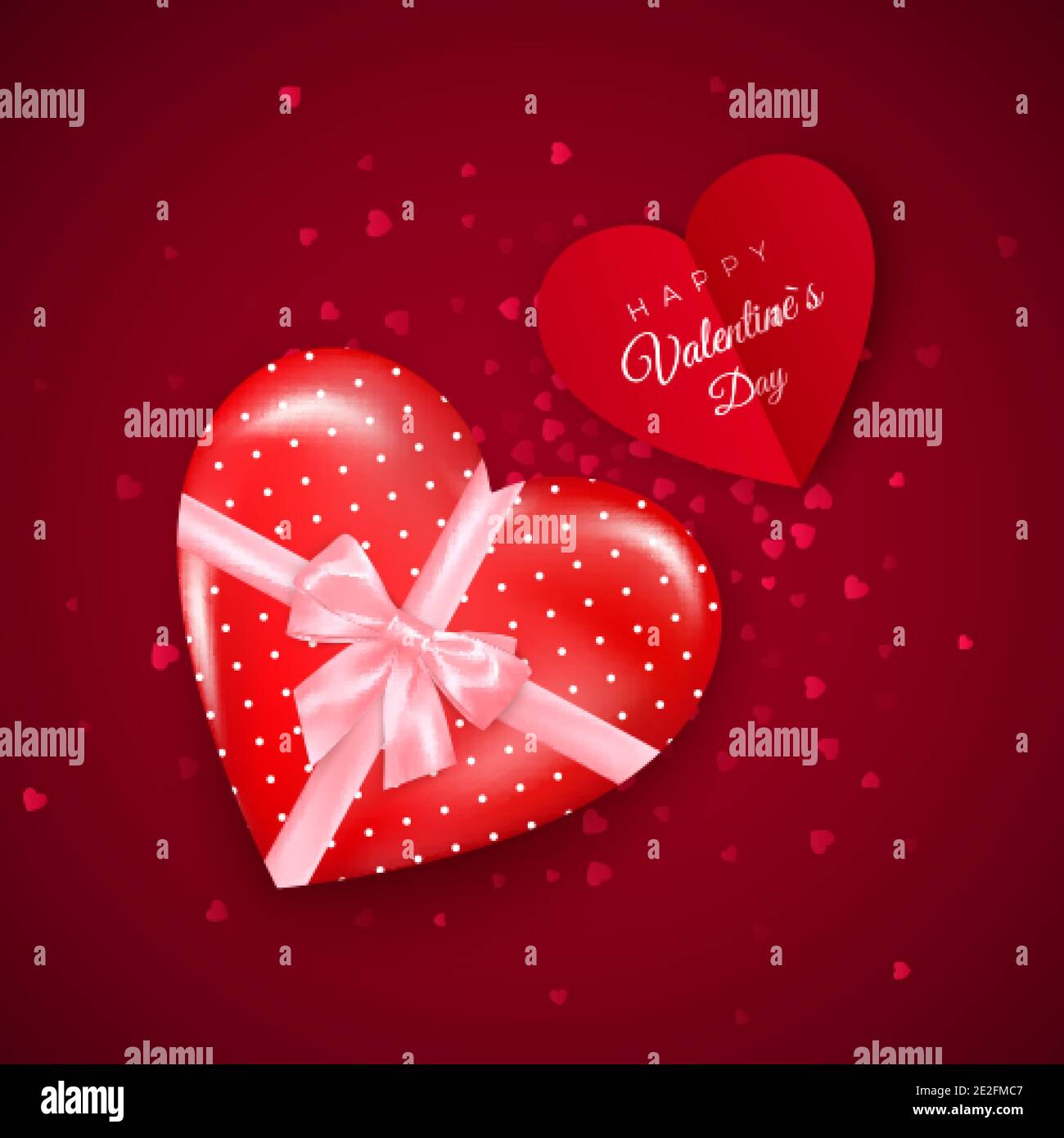 Geschenk in herzförmiger Box mit rosa Seidenschleife und Valentine`s Grußkarte. Geschenk für Valentinstag dekoriert Konfetti. Vektor Stock Vektor
